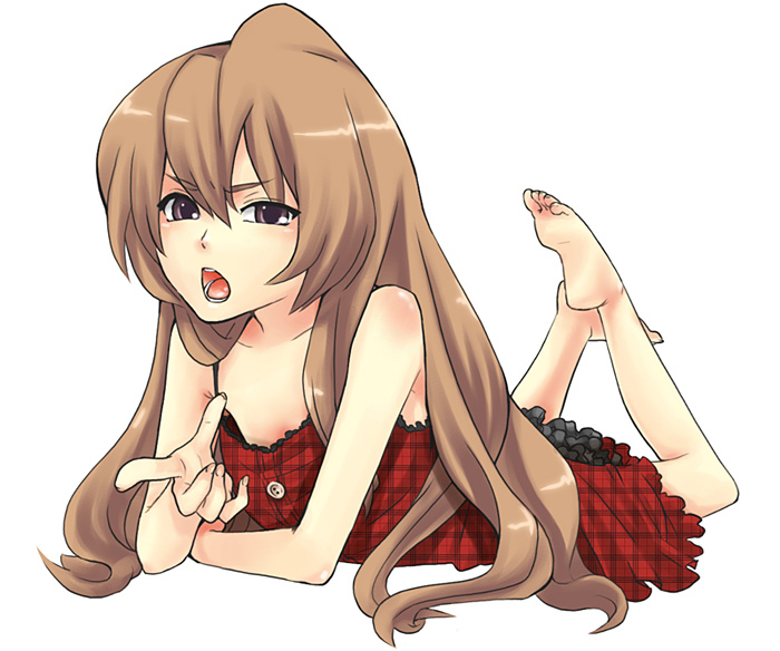 rino (okota), aisaka taiga, rino, toradora!, plaid, bad id, bad pixiv id, 00s, barefoot, brown eyes, brown hair, dress, feet, long hair, solo