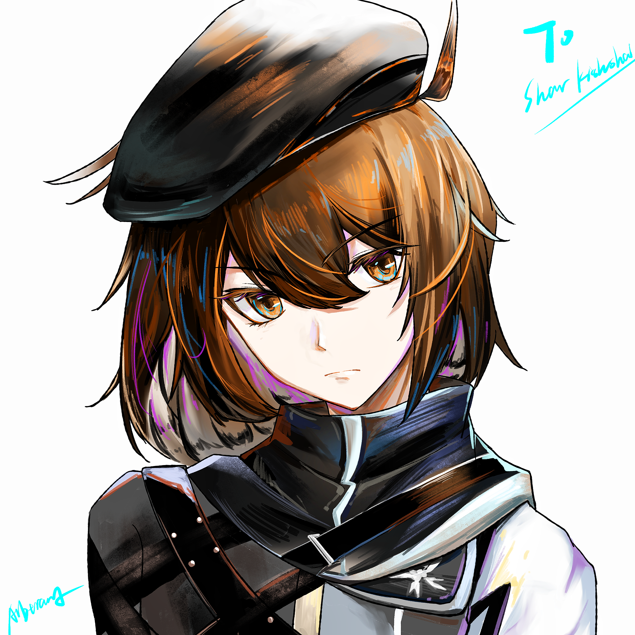 plume (arknights), arknights, chinese commentary, commentary request, highres, 1girl, albtraum, beret, black hat, brown eyes, brown hair, closed mouth, expressionless, hair between eyes, hat, high collar, iberia logo, looking at viewer, multicolored hair, pink hair, portrait, short hair, simple background, solo, streaked hair, white background