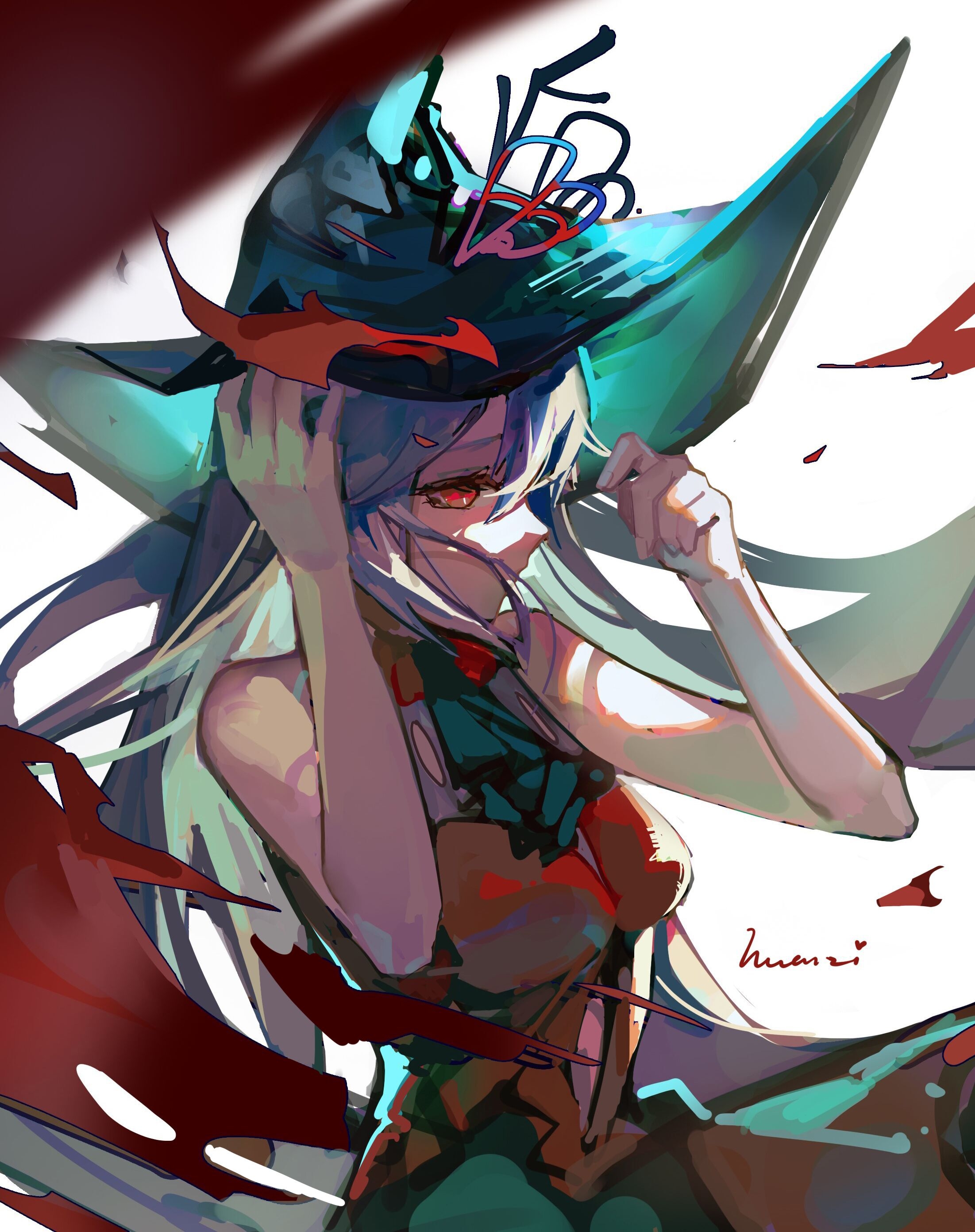 huan zi bu cheng, skadi (arknights), skadi the corrupting heart (arknights), arknights, absurdres, chinese commentary, commentary request, highres, 1girl, arms up, bare arms, bare shoulders, blue hat, breasts, cowboy shot, dress, grey hair, hand on headwear, hat, long hair, medium breasts, red dress, red eyes, signature, simple background, sleeveless, sleeveless dress, solo, white background