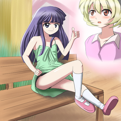 aitaso, furude rika, houjou satoko, higurashi no naku koro ni, bad id, bad pixiv id, lowres, 00s, 2girls, bench, blonde hair, blue eyes, blue hair, blush, clothes lift, dress, dress lift, green skirt, hairband, long hair, multiple girls, orange eyes, panties, shoes, short hair, sitting, skirt, socks, strap slip, thumbs up, underwear, yaranaika, yuri