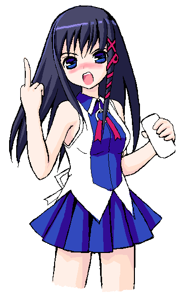 takayaki, xp-tan, os-tan, 1girl, anger vein, angry, black hair, blue eyes, blue skirt, blush, female focus, long hair, middle finger, skirt, solo