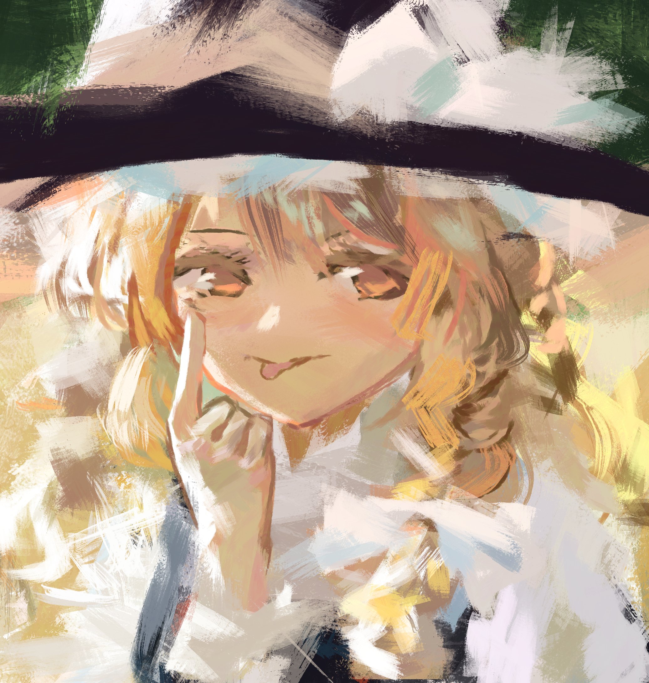 vanilla flan, kirisame marisa, touhou, highres, painting (medium), traditional media, blonde hair, blush, braid, brown eyes, feathers, hat, painterly, ribbon, smile, star (symbol), tongue, upper body, witch hat