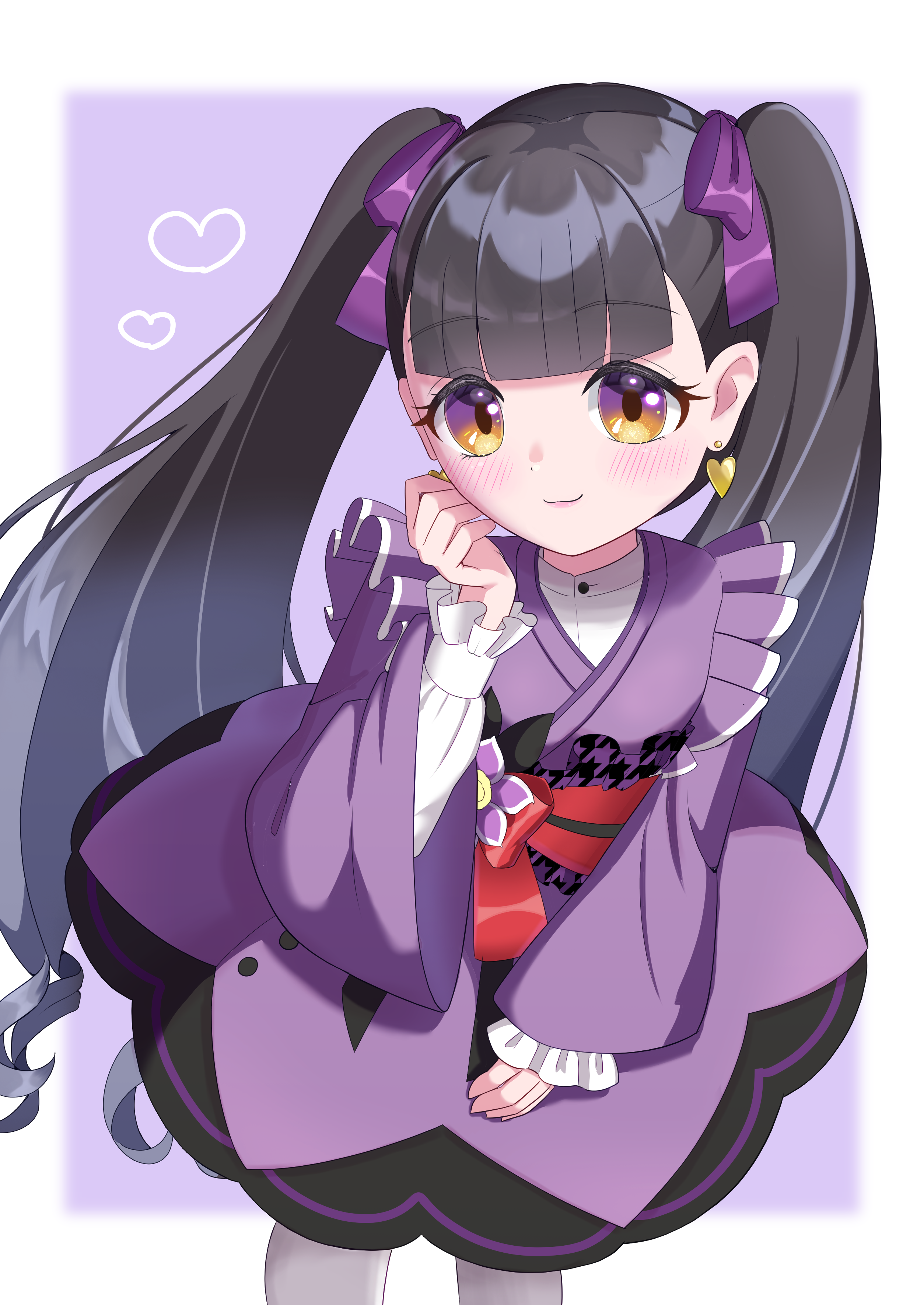 mirun migyu, niisato azu, maebashi witches, absurdres, highres, 1girl, black hair, dress, earrings, flower ornament, frilled dress, frills, hime cut, japanese clothes, jewelry, lolita fashion, long hair, multicolored eyes, obi, purple ribbon, ribbon, sash, smile, twintails, wa lolita