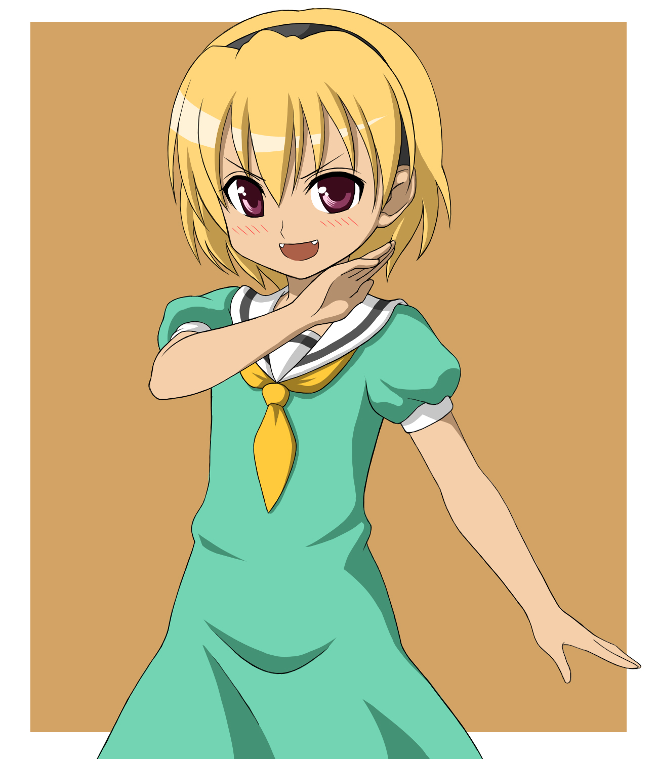 orochi itto, houjou satoko, higurashi no naku koro ni, bad id, bad pixiv id, highres, 00s, blonde hair, blush, dress, fang, fangs, hairband, red eyes, sailor dress, school uniform, short hair, solo