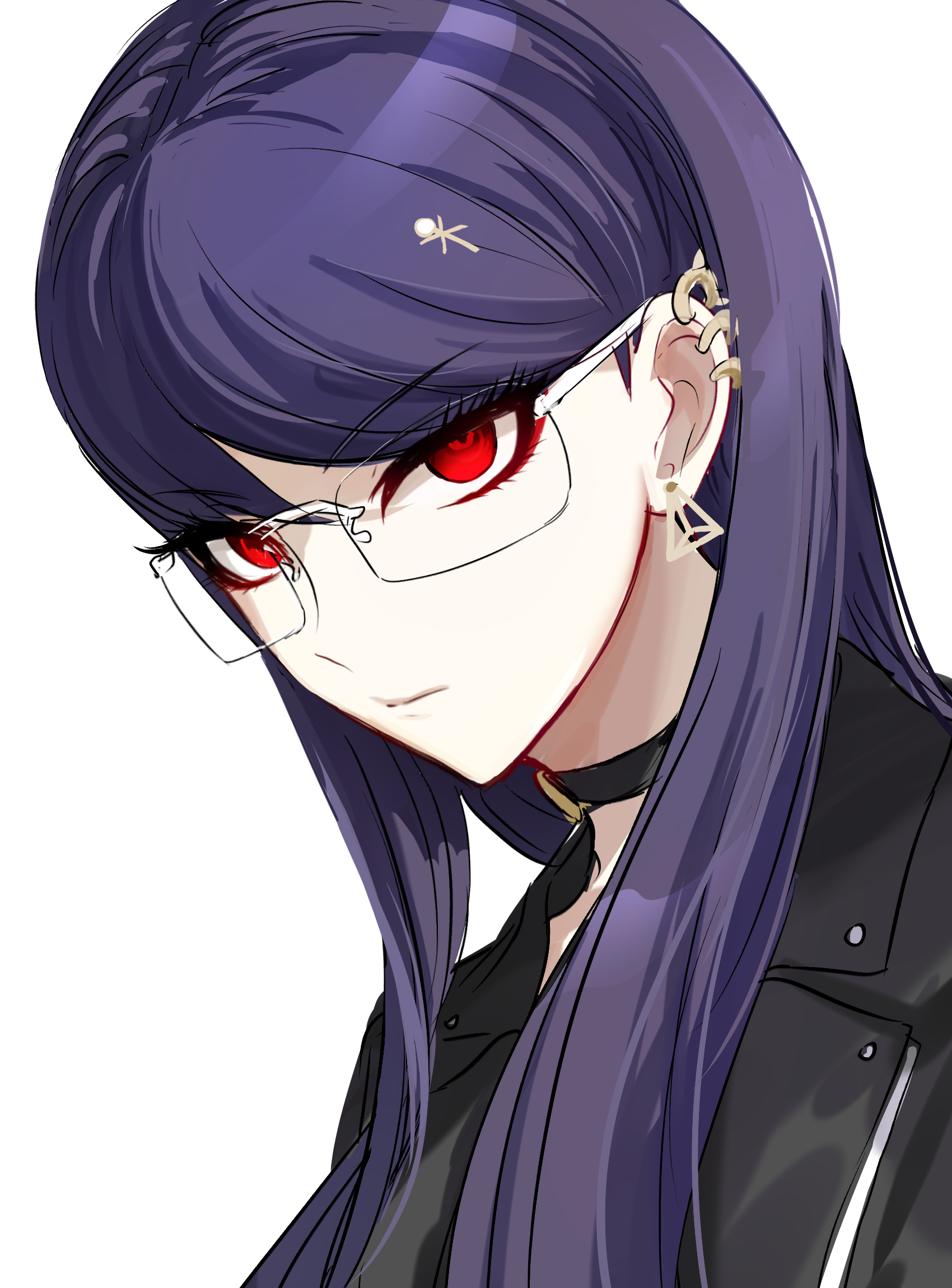 puru6829623335, shizuhara hiruko, the hundred line -last defense academy-, highres, 1girl, black choker, black jacket, choker, closed mouth, ear piercing, earrings, expressionless, glasses, hair ornament, jacket, jewelry, long hair, looking at viewer, piercing, purple hair, red eyes, simple background, solo, white background