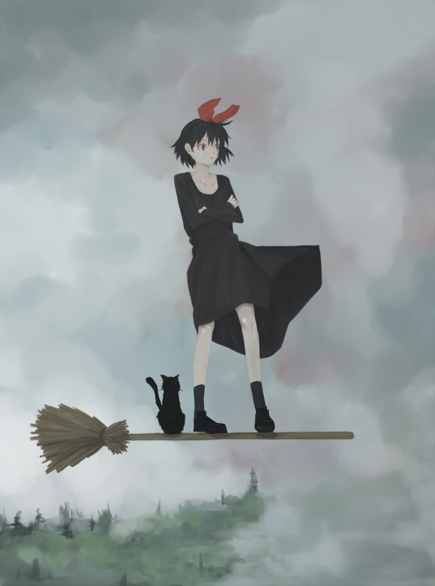 jiji (majo no takkyuubin), kiki (majo no takkyuubin), majo no takkyuubin, studio ghibli, 1980s (style), bad id, bad pixiv id, 1girl, black cat, black dress, black hair, bow, broom, broom riding, cat, dress, female focus, hair bow, oldschool, red eyes, retro artstyle, solo, standing, witch