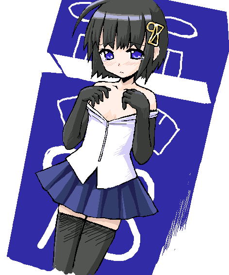 takayaki, 98-tan, os-tan, bare shoulders, black hair, blue eyes, bob cut, elbow gloves, flat chest, gloves, oekaki, short hair, skirt, solo, tears, thighhighs