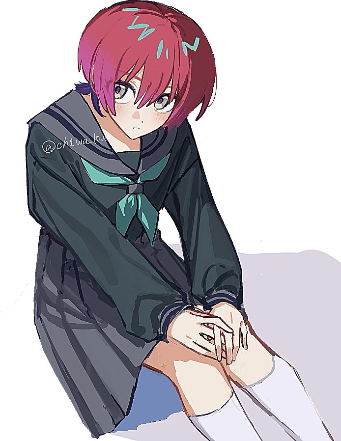 amate yuzuriha, gundam, gundam gquuuuuux, 1girl, aqua eyes, black serafuku, black skirt, blush, ch1wa l0ve, closed mouth, green neckerchief, long sleeves, looking at viewer, neckerchief, pleated skirt, red hair, sailor collar, school uniform, serafuku, shirt, short hair, skirt, solo