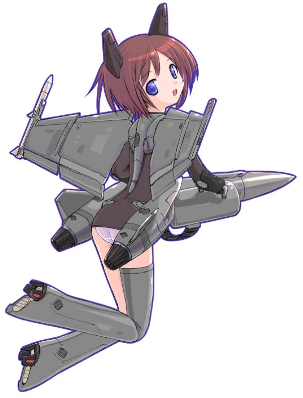 takayaki, f-18, original, 1girl, aircraft, airplane, ass, blue eyes, brown hair, female focus, looking back, mecha musume, military, missile, panties, short hair, solo, thighhighs, underwear
