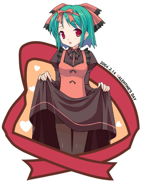 takayaki, 1girl, clothes lift, dress, dress lift, female focus, green hair, hair ribbon, panties, panties under pantyhose, pantyhose, red eyes, ribbon, short hair, solo, underwear
