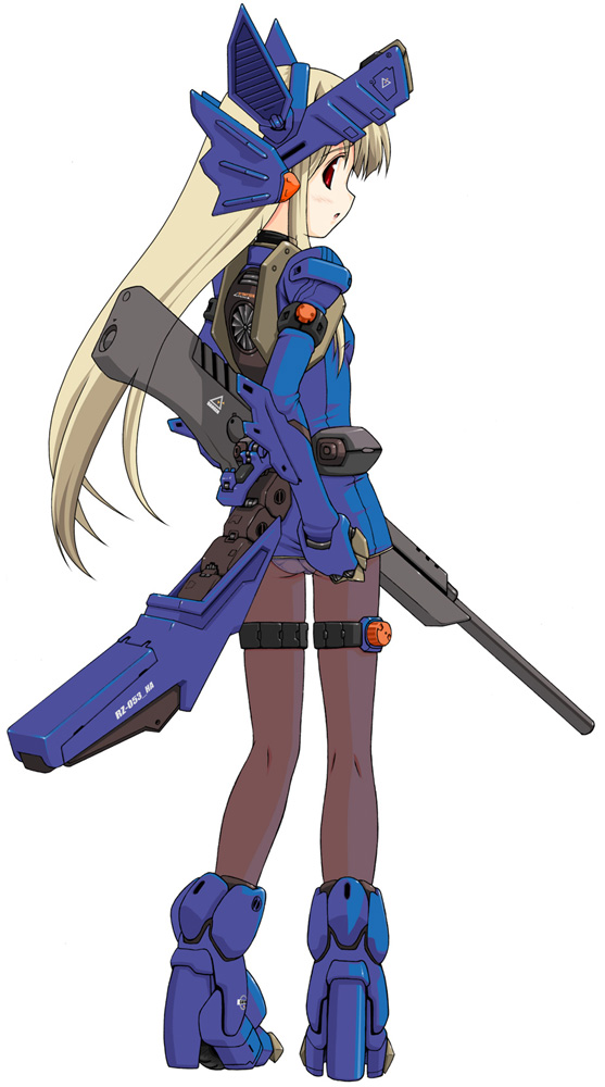 takayaki, konig wolf, zoids, 1girl, back, blonde hair, female focus, gun, long hair, looking back, mecha musume, panties, panties under pantyhose, pantyhose, red eyes, rifle, solo, underwear, weapon