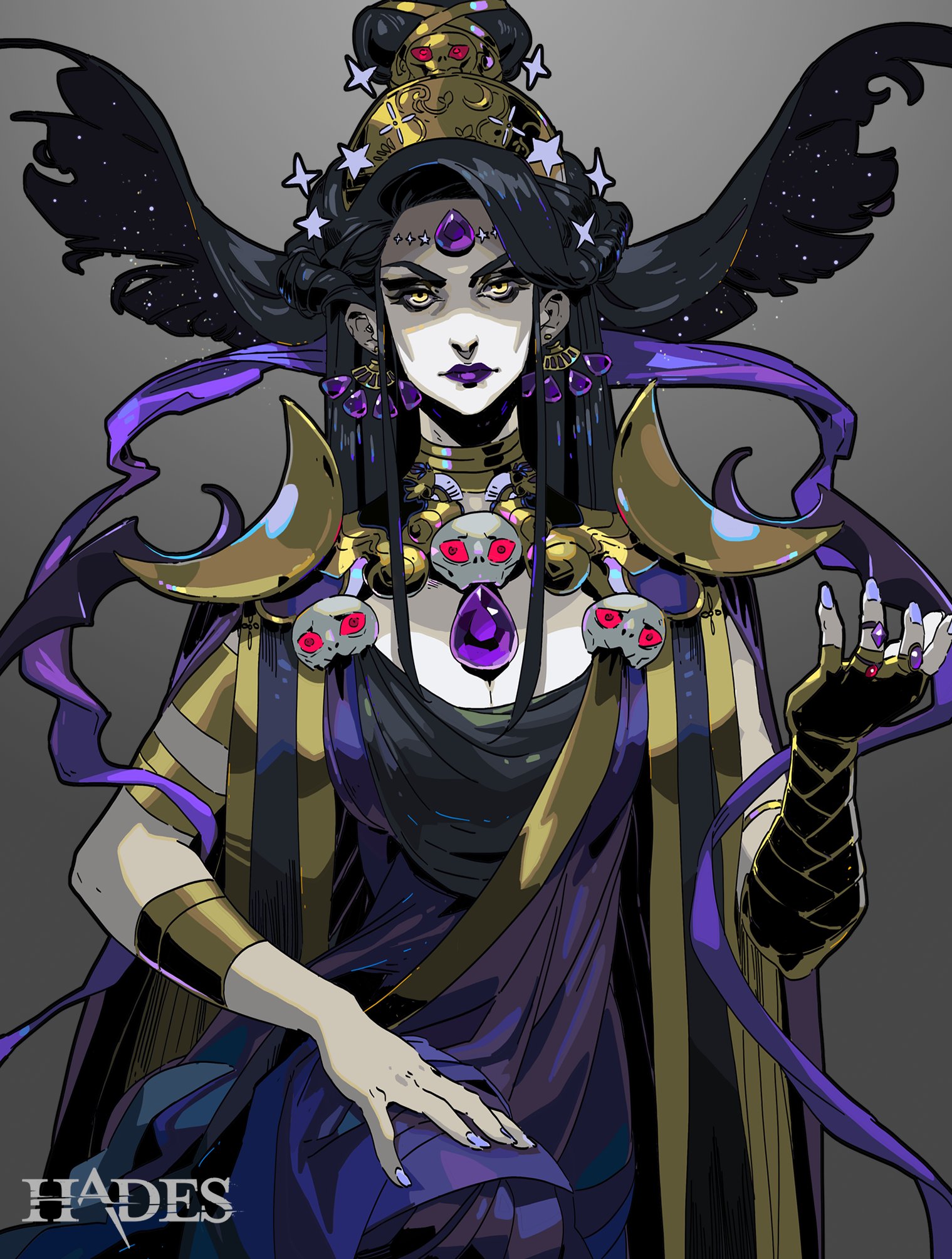 jen zee, nyx (hades), hades (series), highres, official art, ancient greek clothes, armlet, armor, beehive hairdo, black hair, breasts, circlet, cleavage, cup, dress, earrings, eyeliner, fingernails, forehead jewel, gauntlets, greco-roman clothes, grey background, hair ornament, hand on own knee, hand on own thigh, headpiece, jewelry, large breasts, lips, lipstick, long hair, looking at viewer, makeup, mature female, mug, necklace, pale skin, pants, pauldrons, purple dress, purple lips, purple nails, ring, shoulder armor, single gauntlet, skull hair ornament, skull necklace, solo, standing, straight hair, thick eyebrows, very long hair, yellow eyes