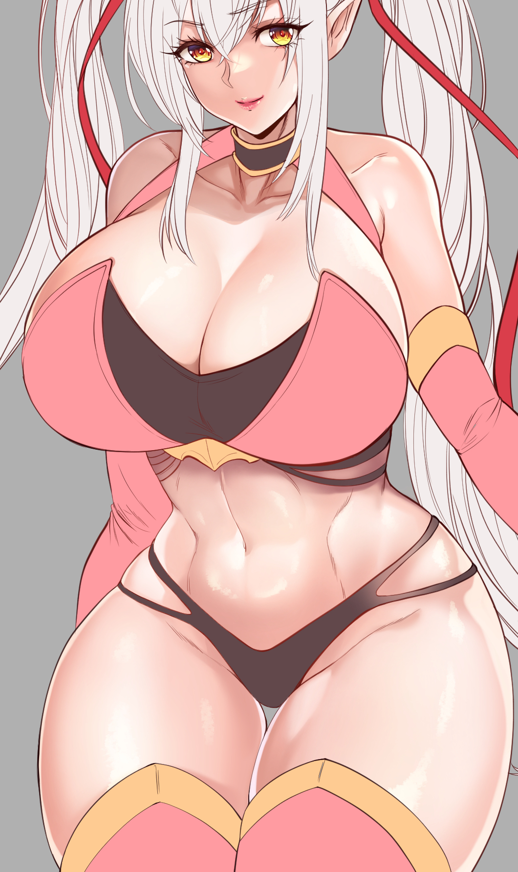 etidekailo, highres, 1girl, armor, bare shoulders, bikini, bikini armor, breasts, choker, cleavage, collarbone, cowboy shot, curvy, detached sleeves, elbow gloves, gloves, grey background, hair between eyes, hair ribbon, huge breasts, lips, long hair, looking at viewer, navel, pink lips, pink sleeves, pink thighhighs, pointy ears, ribbon, sidelocks, simple background, smile, solo, stomach, swimsuit, thick thighs, thighhighs, thighs, twintails, very long hair, white hair, wide hips, yellow eyes