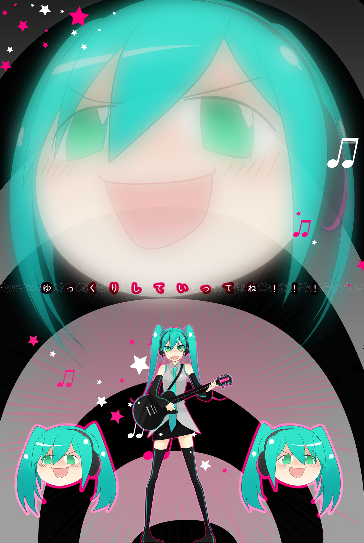 sunday31, hatsune miku, touhou, vocaloid, highres, md5 mismatch, 1girl, aqua eyes, aqua hair, detached sleeves, female focus, guitar, headphones, instrument, necktie, skirt, solo, thighhighs, yukkuri shiteitte ne