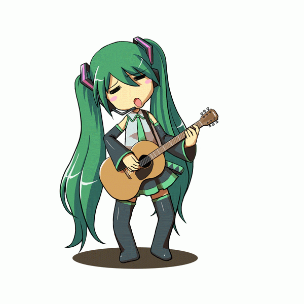 harak, hatsune miku, vocaloid, animated, animated gif, acoustic guitar, guitar, instrument, long hair, music, singing, solo, thighhighs, twintails, very long hair