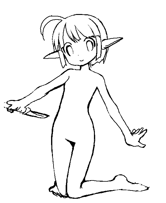 takayaki, original, 1girl, ahoge, elf, female focus, flat chest, greyscale, hari-kari, kneeling, knife, monochrome, no navel, no nipples, no pussy, nude, oekaki, pointy ears, short hair, sketch, smile, solo
