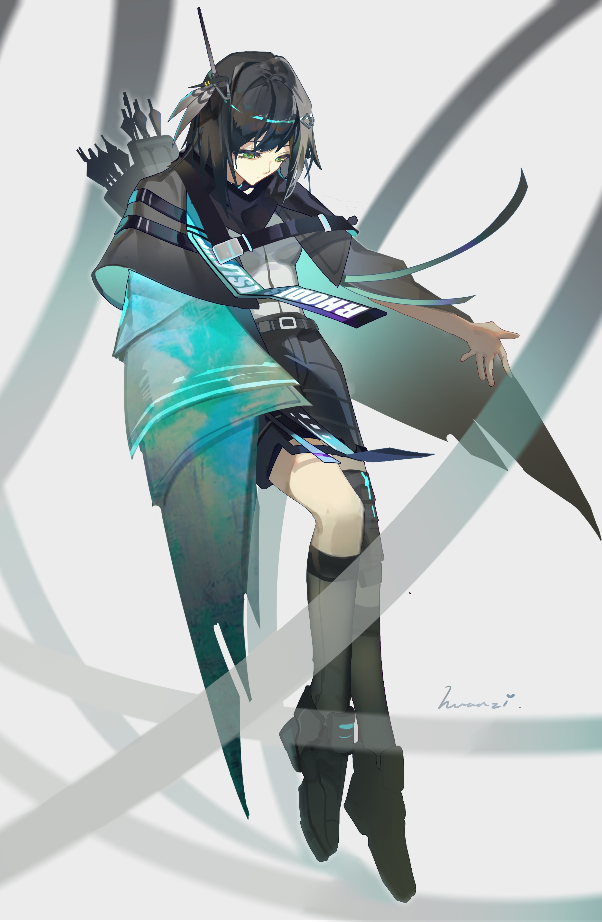 huan zi bu cheng, greythroat (arknights), arknights, absurdres, chinese commentary, commentary request, highres, 1girl, asymmetrical legwear, belt, black belt, black hair, black shoes, black socks, black thighhighs, closed mouth, clothes writing, expressionless, floating, full body, green eyes, kneehighs, looking down, quiver, shoes, short hair, single kneehigh, single sock, single thighhigh, socks, solo, thighhighs, uneven legwear, white background