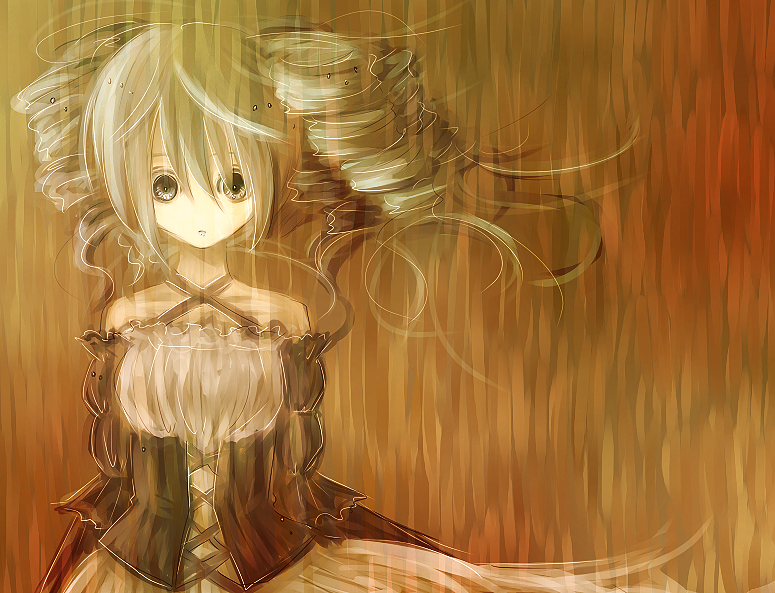 gumi shinou, sadashiki, hatsune miku, vocaloid, bad id, bad pixiv id, 1girl, aqua eyes, aqua hair, dress, drill hair, female focus, rain, solo, twintails