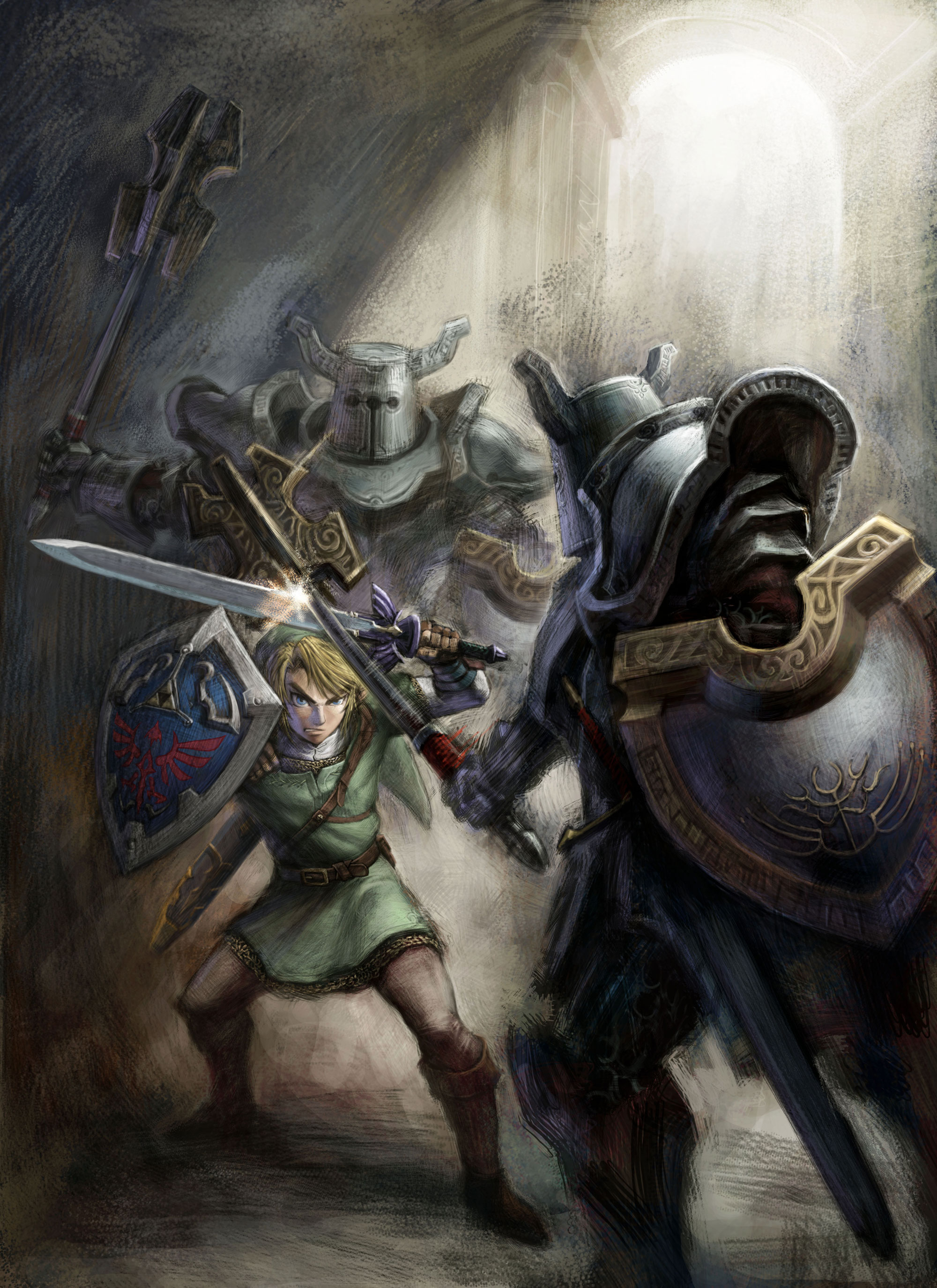dark nut, link, nintendo, the legend of zelda, the legend of zelda: twilight princess, absurdres, highres, official art, 3boys, armor, belt, blonde hair, blue eyes, boots, holding, holding sword, holding weapon, hylian shield, mace, male focus, master sword, multiple boys, shield, sword, weapon