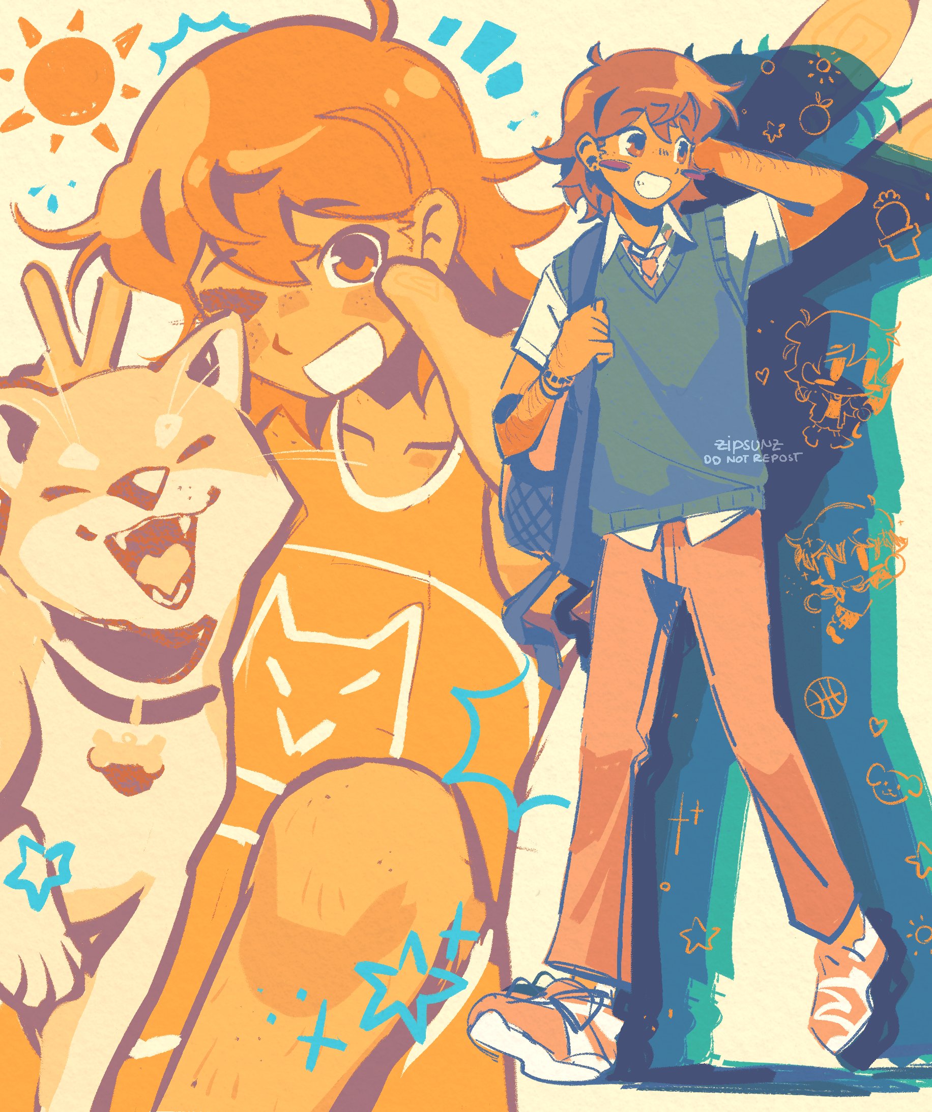 zipsunz, hector (omori), kel (faraway) (omori), kel (omori), omori, commentary, english commentary, highres, 1boy, :d, ;d, ahoge, animal, arm behind head, artist name, bag, bare arms, black bag, black sweater vest, blush stickers, bracelet, brown eyes, brown hair, brown pants, collarbone, collared shirt, dark-skinned male, dark skin, dog, double-parted bangs, drop shadow, feet out of frame, full body, grin, hair behind ear, hair between eyes, heart, holding, holding bag, jewelry, knee up, looking at viewer, looking back, looking to the side, male focus, multiple views, necktie, notice lines, one eye closed, open mouth, orange necktie, orange shoes, orange shorts, orange tank top, pants, school bag, school uniform, shirt, shoes, short hair, short sleeves, shorts, shoulder bag, simple background, smile, sneakers, sparkle, standing, standing on one leg, star (symbol), sun, sweater vest, tank top, v, walking, watermark, white shirt, yellow background