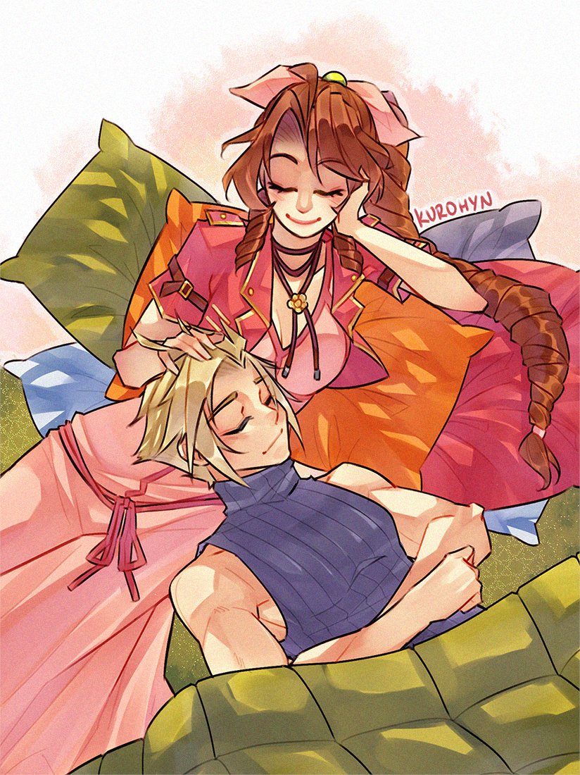 aerith gainsborough, cloud strife, final fantasy, final fantasy vii, final fantasy vii remake, 1boy, 1girl, artist name, bare shoulders, blonde hair, blue shirt, braid, braided ponytail, breasts, brown hair, choker, cleavage, closed eyes, closed mouth, couple, cropped jacket, crossed arms, dress, flower choker, gold trim, hair bobbles, hair ornament, hair ribbon, hand in another's hair, hand on another's head, hand on own cheek, hand on own face, hetero, jacket, kurohyn, long dress, long hair, materia, medium breasts, parted bangs, pillow, pink dress, pink ribbon, red jacket, ribbon, shirt, short hair, short sleeves, sidelocks, single braid, sleeveless, sleeveless turtleneck, smile, spiked hair, turtleneck, under covers, upper body