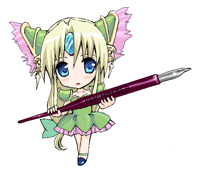takayaki, riesz, seiken densetsu, seiken densetsu 3, 1girl, blonde hair, blue eyes, blush, chibi, female focus, long hair, low-tied long hair, pen, pen holder, solo