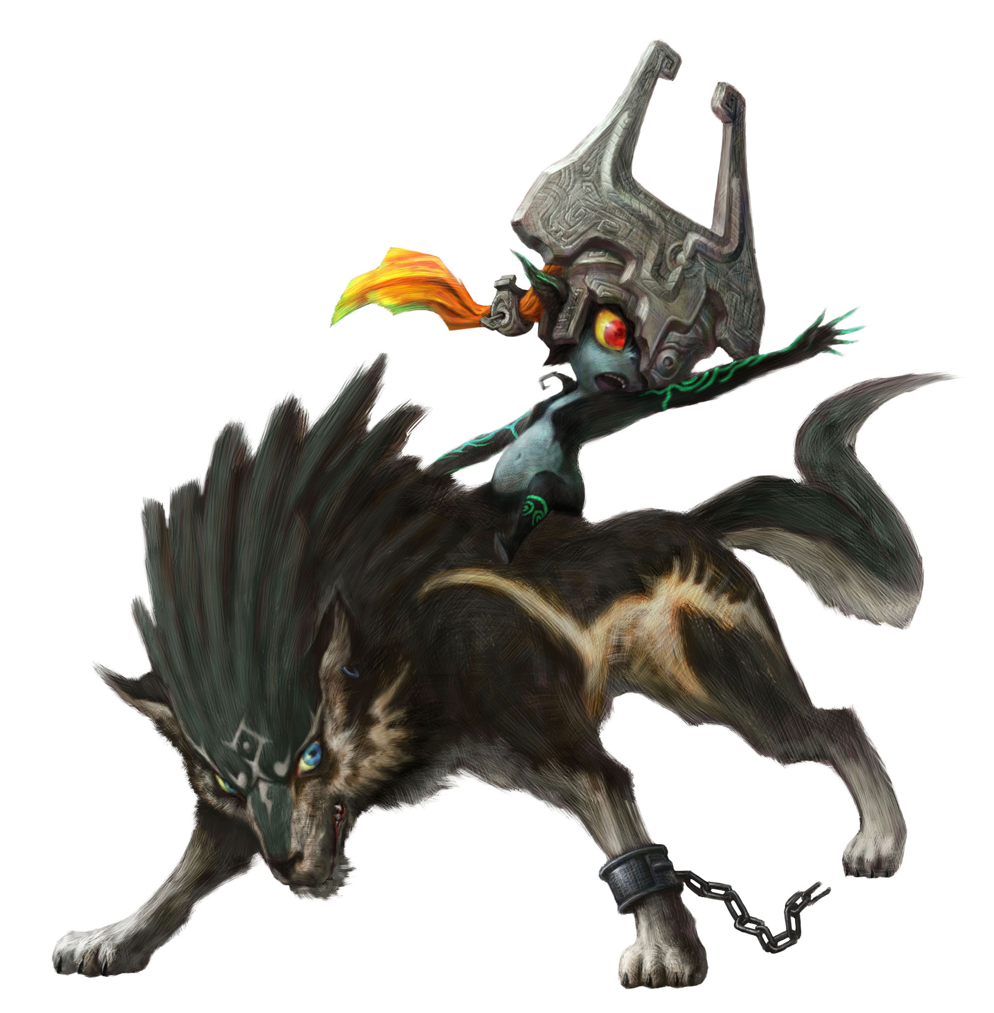 link, midna, wolf link, nintendo, the legend of zelda, the legend of zelda: twilight princess, highres, official art, 1girl, blue eyes, chain, helmet, pointy ears, red eyes, wolf