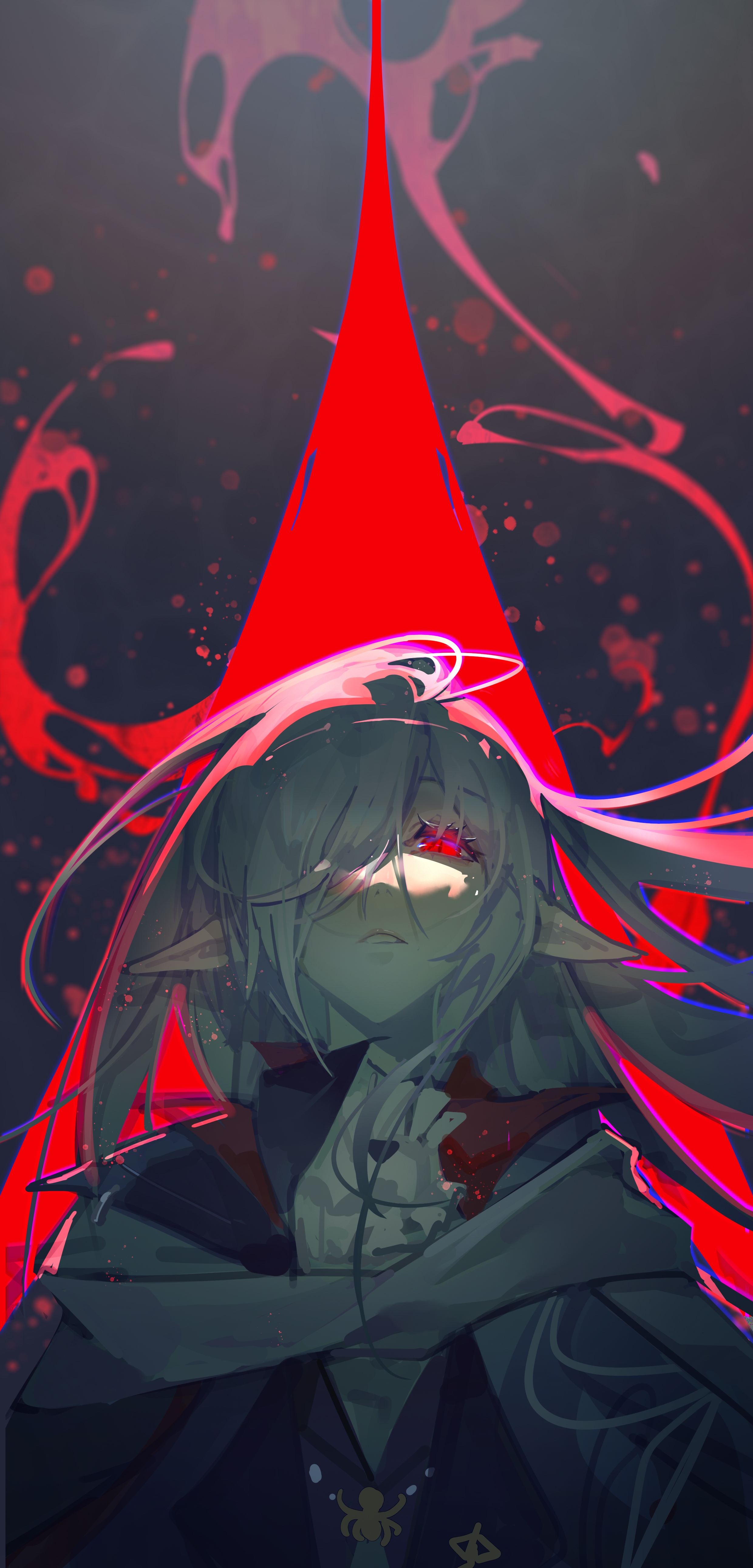 huan zi bu cheng, gladiia (arknights), gladiia (return) (arknights), arknights, absurdres, chinese commentary, commentary request, highres, 1girl, ascot, chromatic aberration, grey hair, hair over one eye, high collar, long hair, looking at viewer, official alternate costume, one eye covered, parted lips, pointy ears, red eyes, solo, upper body, white ascot