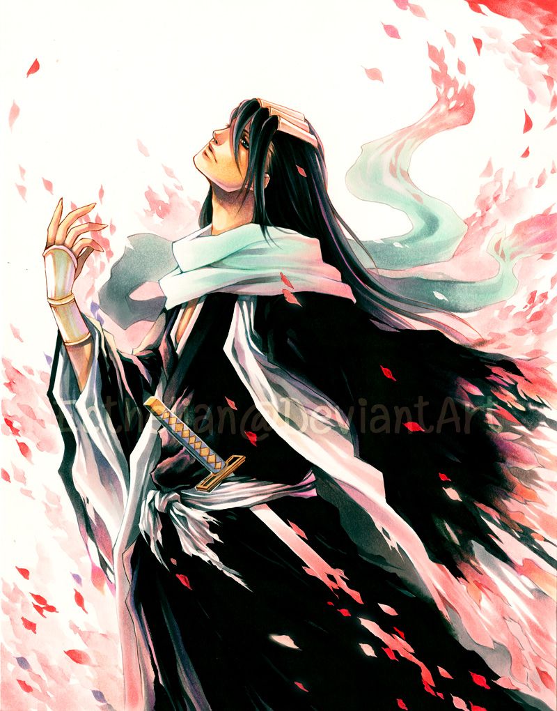 kuchiki byakuya, bleach, 00s, 1boy, black hair, haori, japanese clothes, long hair, male focus, petals, scarf, solo, sword, taichou haori, weapon