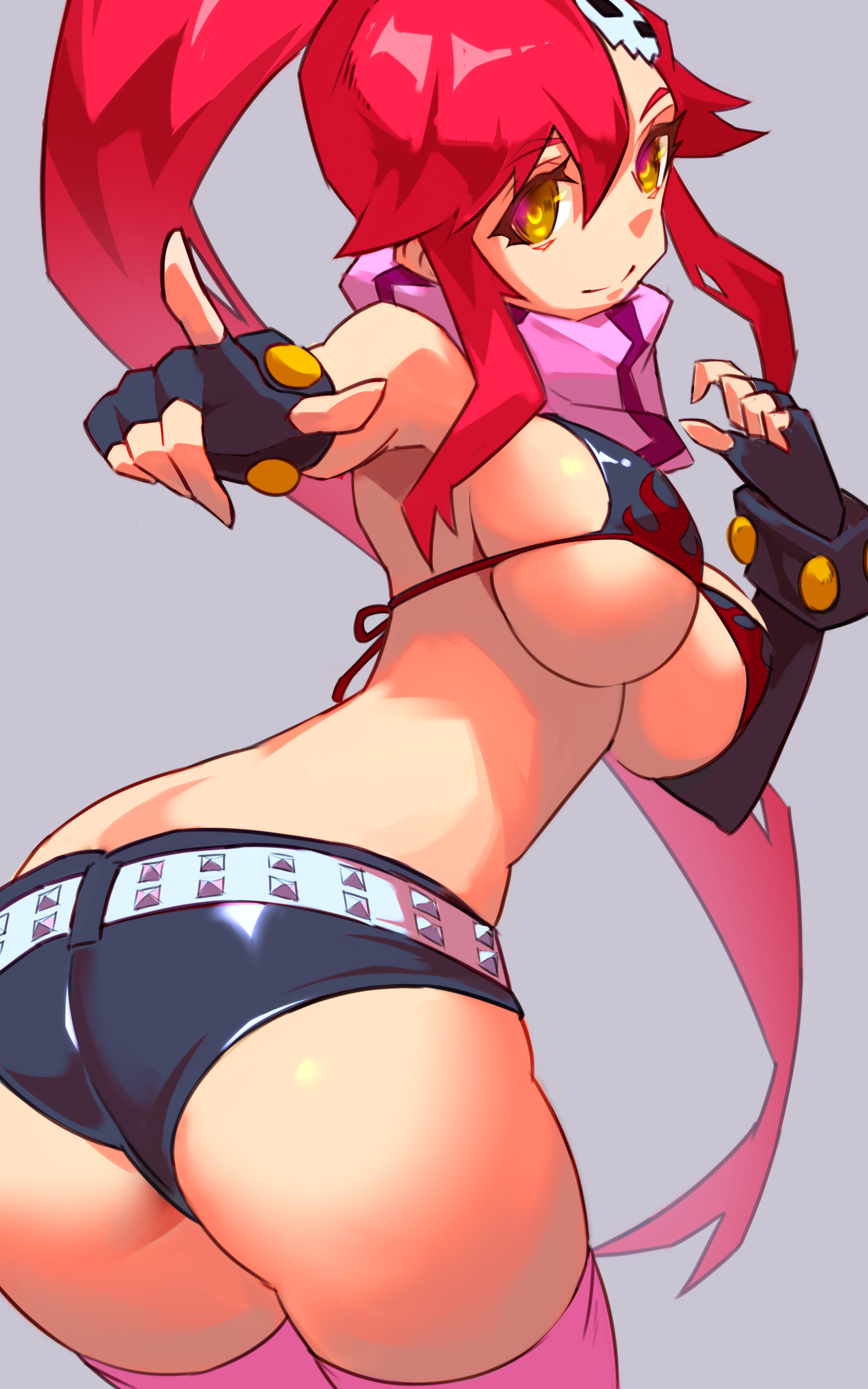 ura dora, yoko littner, tengen toppa gurren lagann, absurdres, commentary request, highres, 1girl, ass, asymmetrical gloves, belt, bikini, bikini top only, black gloves, black shorts, breasts, closed mouth, fingerless gloves, flame print, gloves, grey background, hair ornament, large breasts, long hair, pink scarf, pink thighhighs, pointing, pointing at viewer, red hair, scarf, short shorts, shorts, simple background, skull hair ornament, smile, solo, swimsuit, thighhighs, underboob, very long hair, yellow eyes
