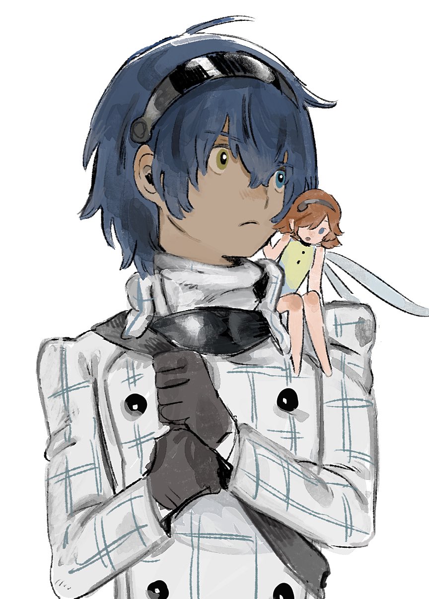 kebe6p, gallica (metaphor: refantazio), protagonist (metaphor: refantazio), metaphor: refantazio, commentary request, highres, 1boy, 1girl, :o, black gloves, black hairband, blue eyes, blue hair, buttons, closed mouth, dark-skinned male, dark skin, fairy, fairy wings, gloves, hair between eyes, hair over one eye, hairband, heterochromia, jacket, mini person, minigirl, one eye covered, orange hair, short hair, simple background, sitting, sitting on shoulder, size difference, white background, white jacket, wings, yellow eyes