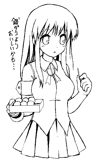 takayaki, xp-tan, os-tan, no legs, translation request, 1girl, dango, eating, female focus, food, greyscale, long hair, monochrome, oekaki, skirt, solo, wagashi