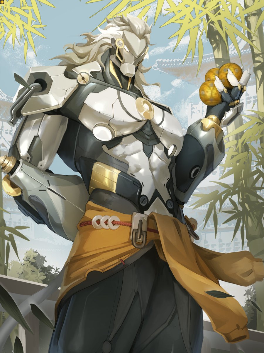 octo poosi, zenless zone zero, highres, 1boy, arm behind back, artificial eye, bamboo, banyue (zenless zone zero), biceps, black pants, claws, clothed robot, clothes around waist, coin, coin on string, floating ball, glowing, glowing eyes, holding orb, humanoid robot, mechanical arms, mechanical eye, mechanical hands, orb, pants, robot, robot boy, solo, standing, topless male, white hair