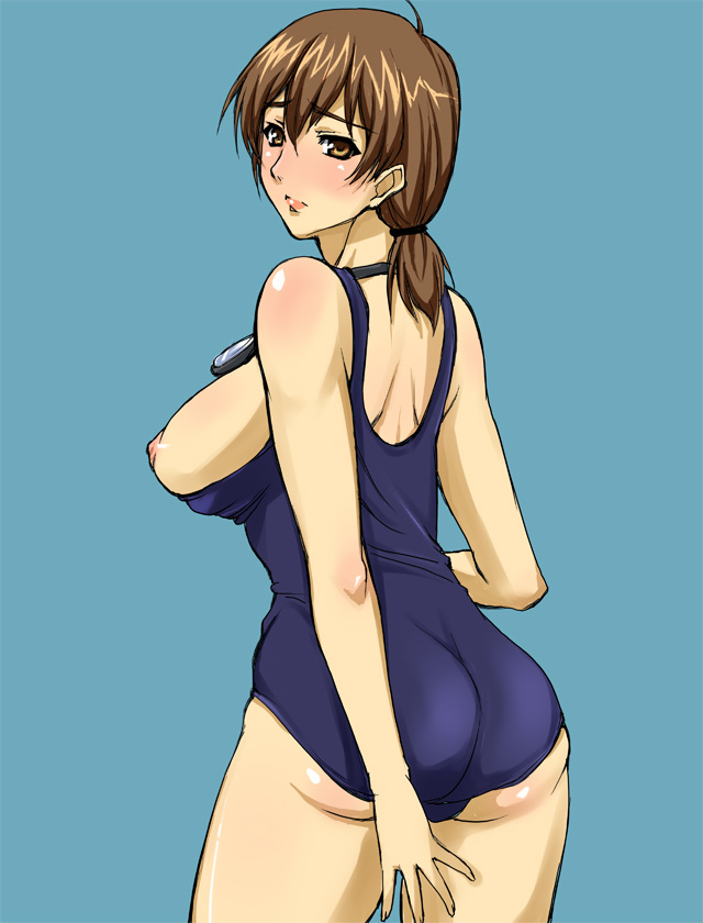 bon (pixiv420364), owatasanowata, bad id, bad pixiv id, 1girl, breasts, brown eyes, brown hair, female focus, nipples, one-piece swimsuit, solo, swimsuit