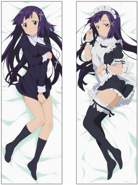 zange, kannagi, 00s, 1girl, blush, clothes pull, cross, dakimakura (medium), frilled kneehighs, frills, hair ornament, hairband, jewelry, kneehighs, long hair, lying, maid, multiple views, naughty face, necklace, nun, on side, purple eyes, purple hair, skirt, skirt pull, smile, socks, thighhighs, zettai ryouiki