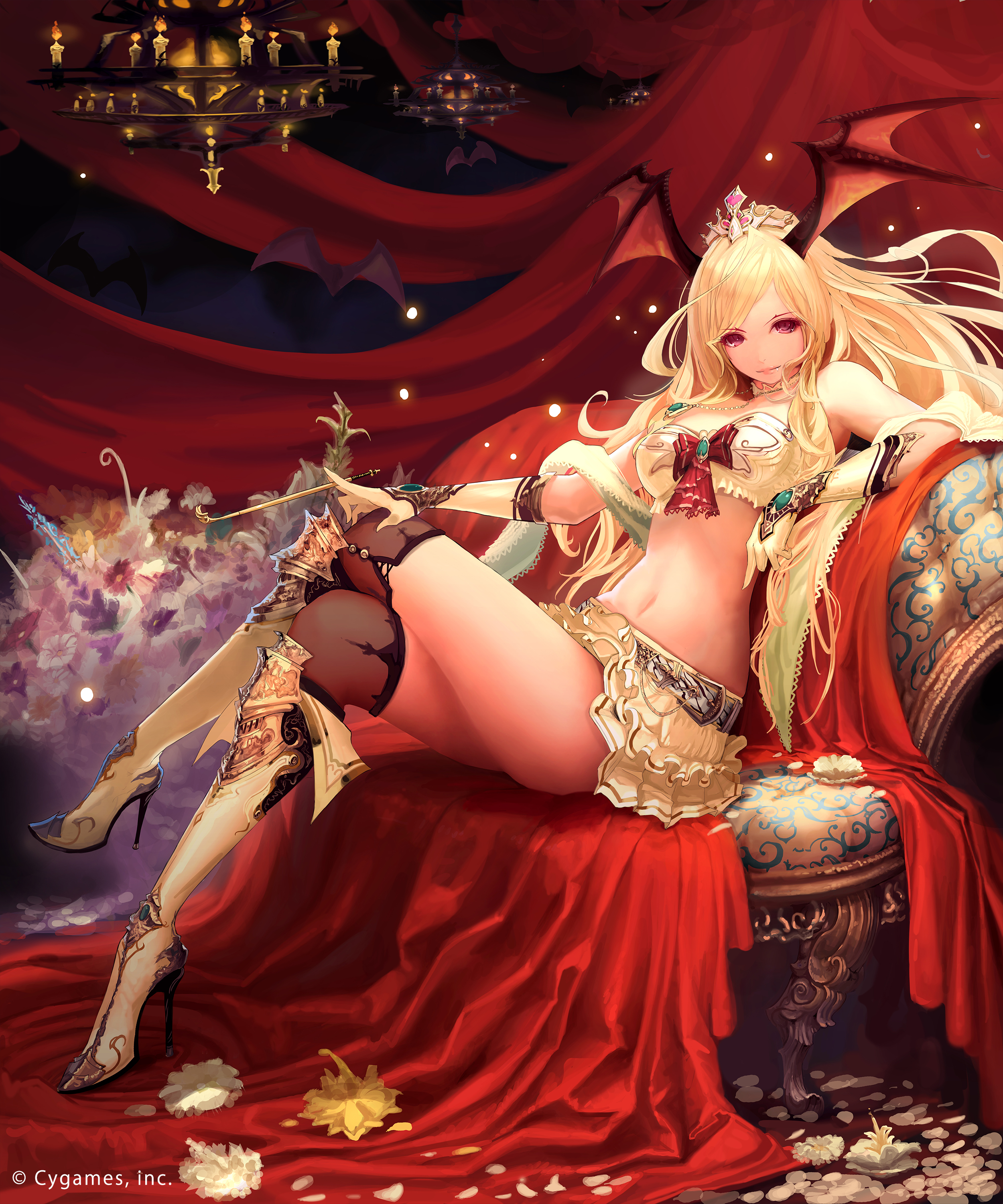 tachikawa mushimaro, queen vampire (shadowverse), shadowverse, shingeki no bahamut, absurdres, highres, official art, 1girl, bat (animal), blonde hair, boots, chair, chandelier, crown, flower, gem, gloves, head wings, high heels, jewelry, kiseru, kneehighs, leaning to the side, light smile, long hair, midriff, navel, necklace, petals, red eyes, ribbon, scarf, sitting, skirt, smoking pipe, socks, wings
