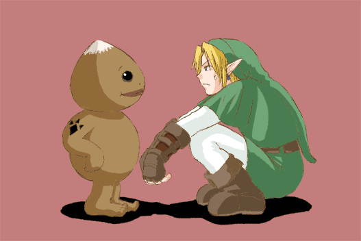 link, nintendo, the legend of zelda, the legend of zelda: ocarina of time, 1boy, blonde hair, blue eyes, earrings, gloves, goron, jewelry, pointy ears, smile