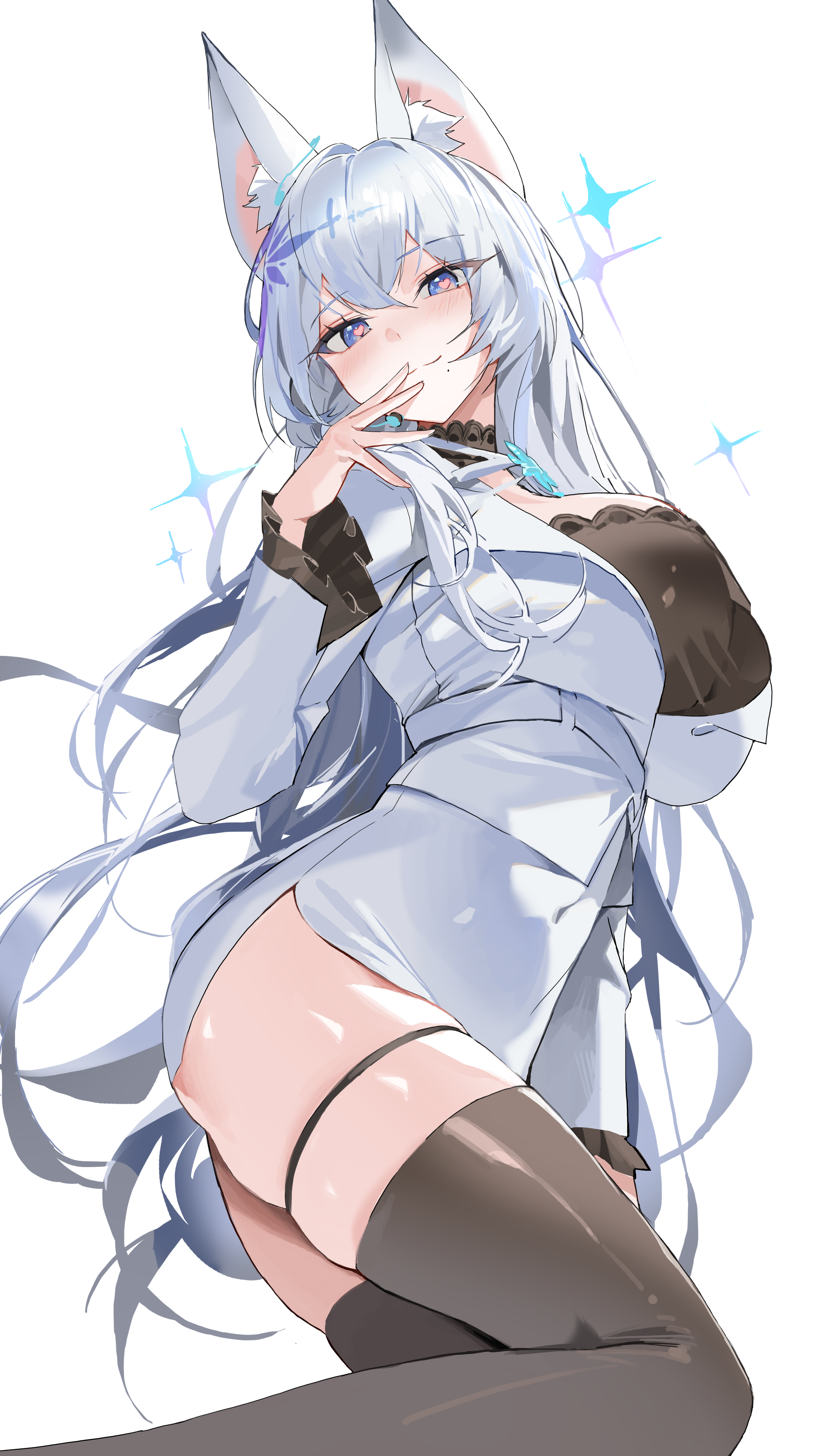 choyeon, indie virtual youtuber, absurdres, commentary request, highres, korean commentary, 1girl, animal ears, blue eyes, breasts, brown choker, brown thighhighs, choker, closed mouth, covered navel, fox ears, hand up, heart, heart-shaped pupils, high-waist skirt, isha (vtuber), large breasts, leg up, long hair, long sleeves, looking at viewer, miniskirt, mole, mole under mouth, pencil skirt, see-through cleavage, see-through clothes, shirt, side slit, simple background, skindentation, skirt, smile, solo, symbol-shaped pupils, thigh strap, thighhighs, thighs, very long hair, virtual youtuber, white background, white hair, white shirt, white skirt, zettai ryouiki