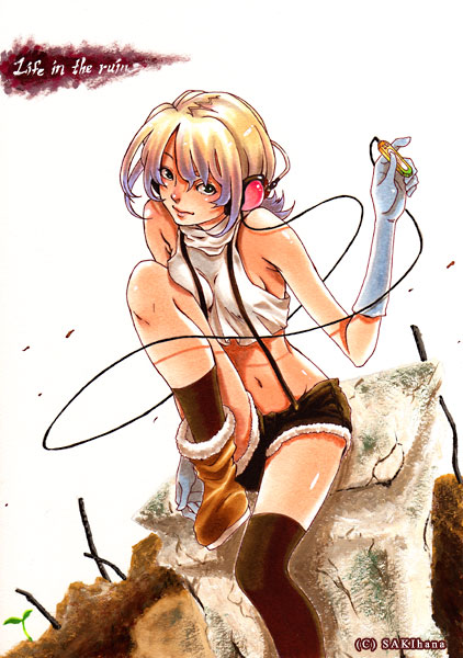 nabeya sakihana, original, bad id, bad pixiv id, 1girl, asymmetrical clothes, blonde hair, blue eyes, digital media player, digital walkman, female focus, headphones, shorts, single thighhigh, solo, thighhighs, walkman b series
