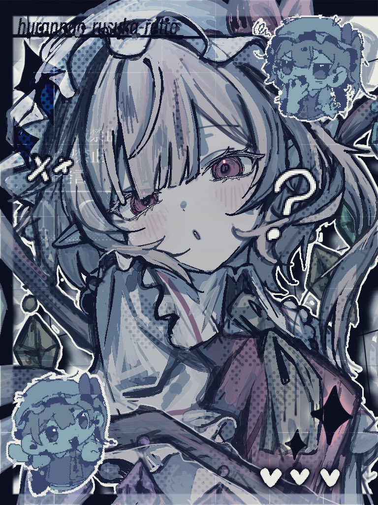 flandre scarlet, remilia scarlet, touhou, 69on, ?, blonde hair, bow, chibi, collage, crystal wings, fang, hat, heart, limited palette, mob cap, red eyes, ribbon, short hair, sparkle, wings