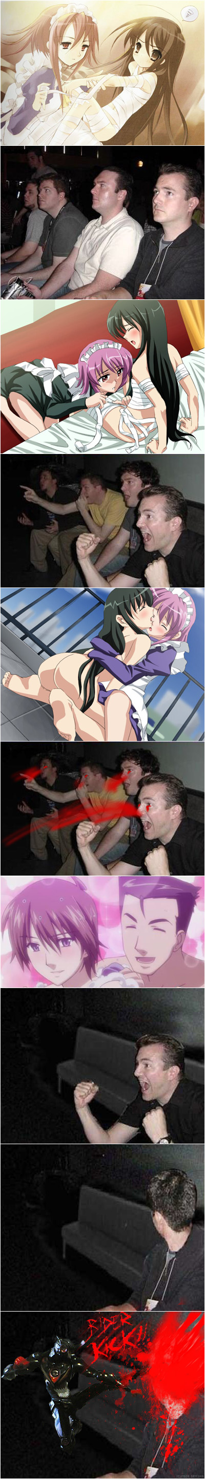 lazengann, satou keisaku, shana, tanaka eita, wilhelmina carmel, kamen rider, shakugan no shana, tengen toppa gurren lagann, absurdres, highres, long image, tall image, 00s, 2girls, 6+boys, blood, comic, gaijin 4koma (meme), loli, male focus, meme, multiple boys, multiple girls, rider kick, yaoi, yuri