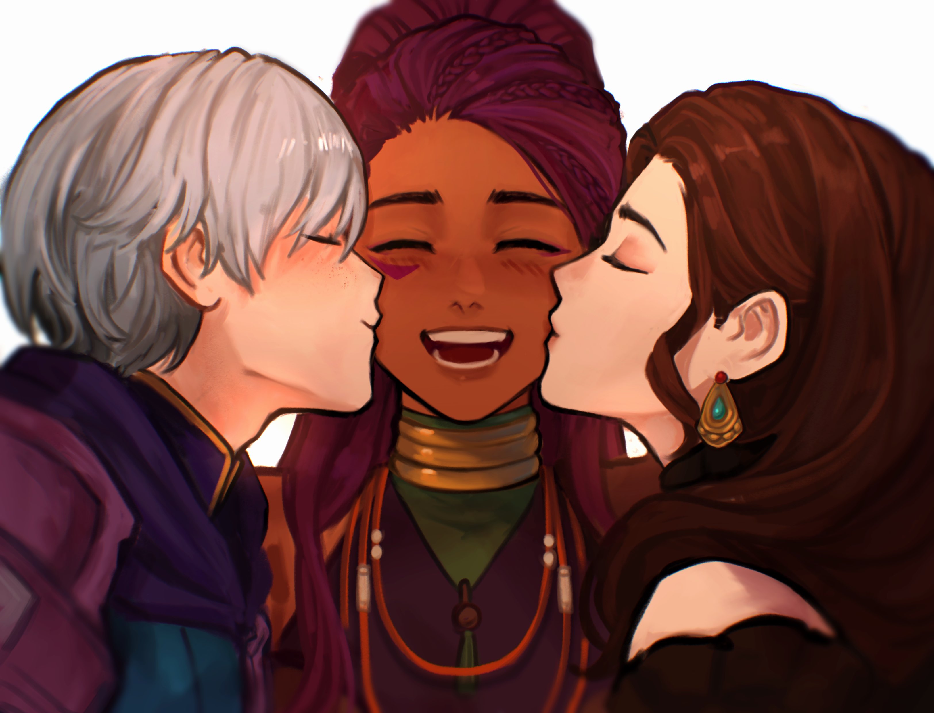 sethkiel, ashe ubert, ashe ubert (timeskip), dorothea arnault, dorothea arnault (timeskip), petra macneary, petra macneary (timeskip), fire emblem, fire emblem: three houses, nintendo, absurdres, highres, 1boy, 2girls, bisexual female, blush, brown hair, closed eyes, dark-skinned female, dark skin, earrings, facing another, facing viewer, forehead, grey hair, happy, jewelry, kiss, kissing cheek, long hair, multiple girls, open mouth, purple hair, short hair, simple background, teeth, tongue, white background