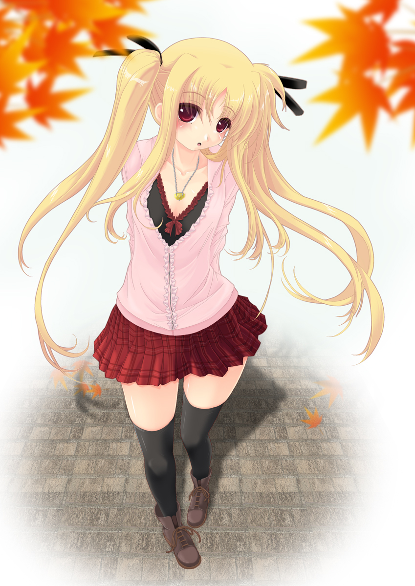 frapowa, fate testarossa, lyrical nanoha, mahou shoujo lyrical nanoha, highres, 00s, autumn, blonde hair, leaf, long hair, red eyes, solo, thighhighs, twintails