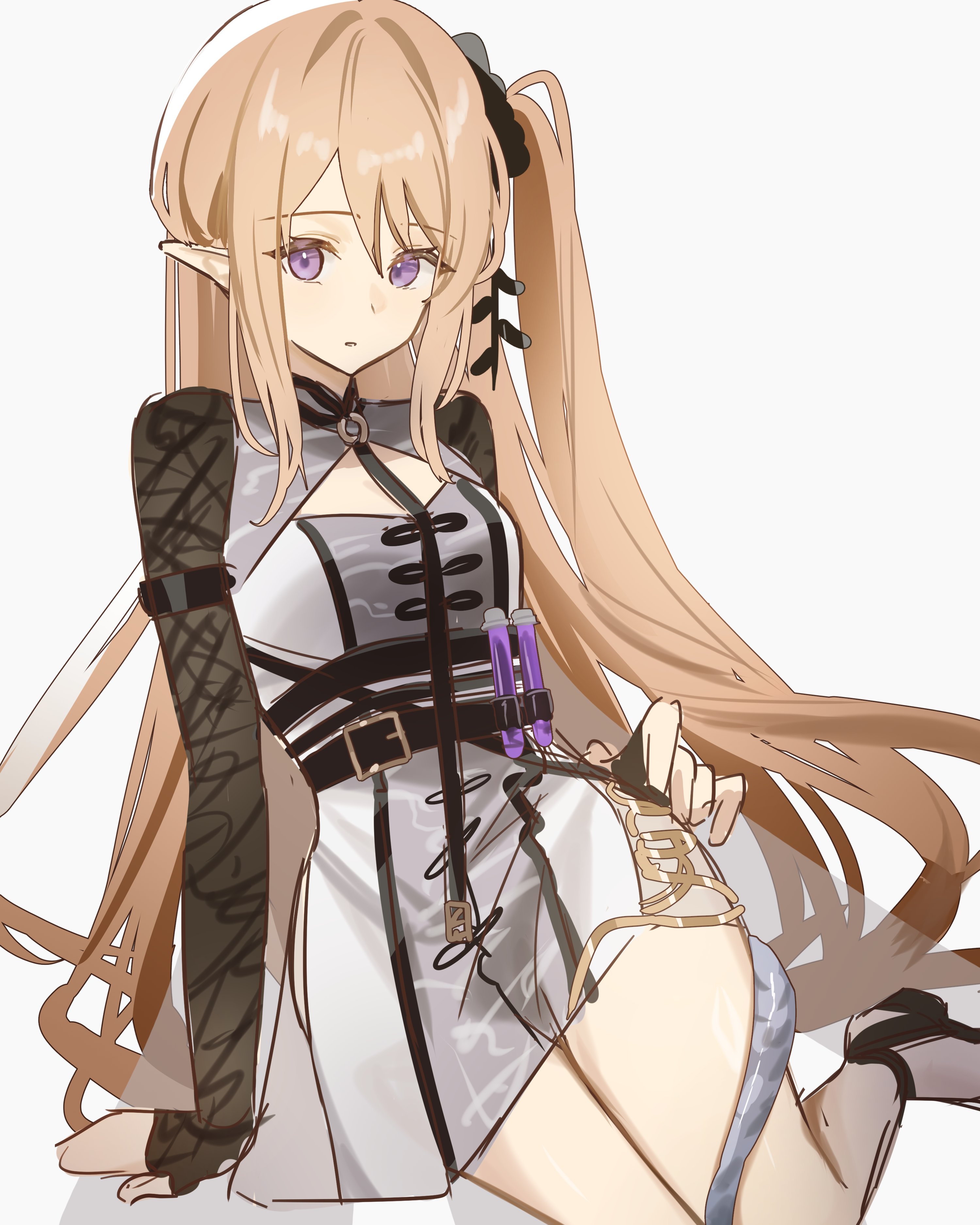 nishimiya aki, indigo (arknights), indigo (serene day) (arknights), arknights, absurdres, highres, unfinished, 1girl, blonde hair, breasts, clothing cutout, dress, elbow gloves, expressionless, gloves, hair between eyes, hair ornament, long hair, long sleeves, official alternate costume, one side up, parted lips, pointy ears, purple eyes, sitting, snake tail, solo, tail, test tube, thighs, very long hair, white background, white dress, yokozuwari