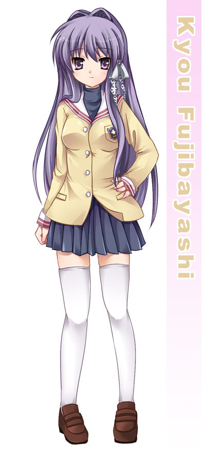 tomusooya, fujibayashi kyou, clannad, 00s, long hair, purple eyes, purple hair, school uniform, skirt, solo, thighhighs, zettai ryouiki
