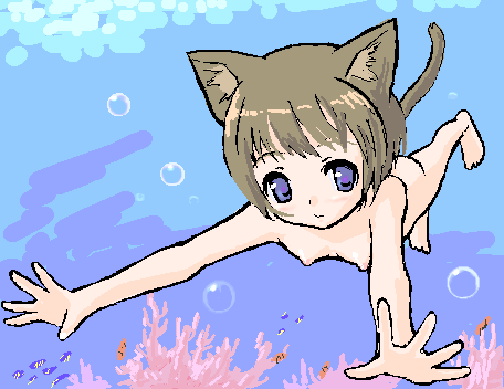 takayaki, original, lowres, 1girl, animal ears, blue eyes, brown hair, bubble, coral, female focus, flat chest, nude, nudist, oekaki, short hair, skinny dipping, solo, swimming, tail, underwater, zenra