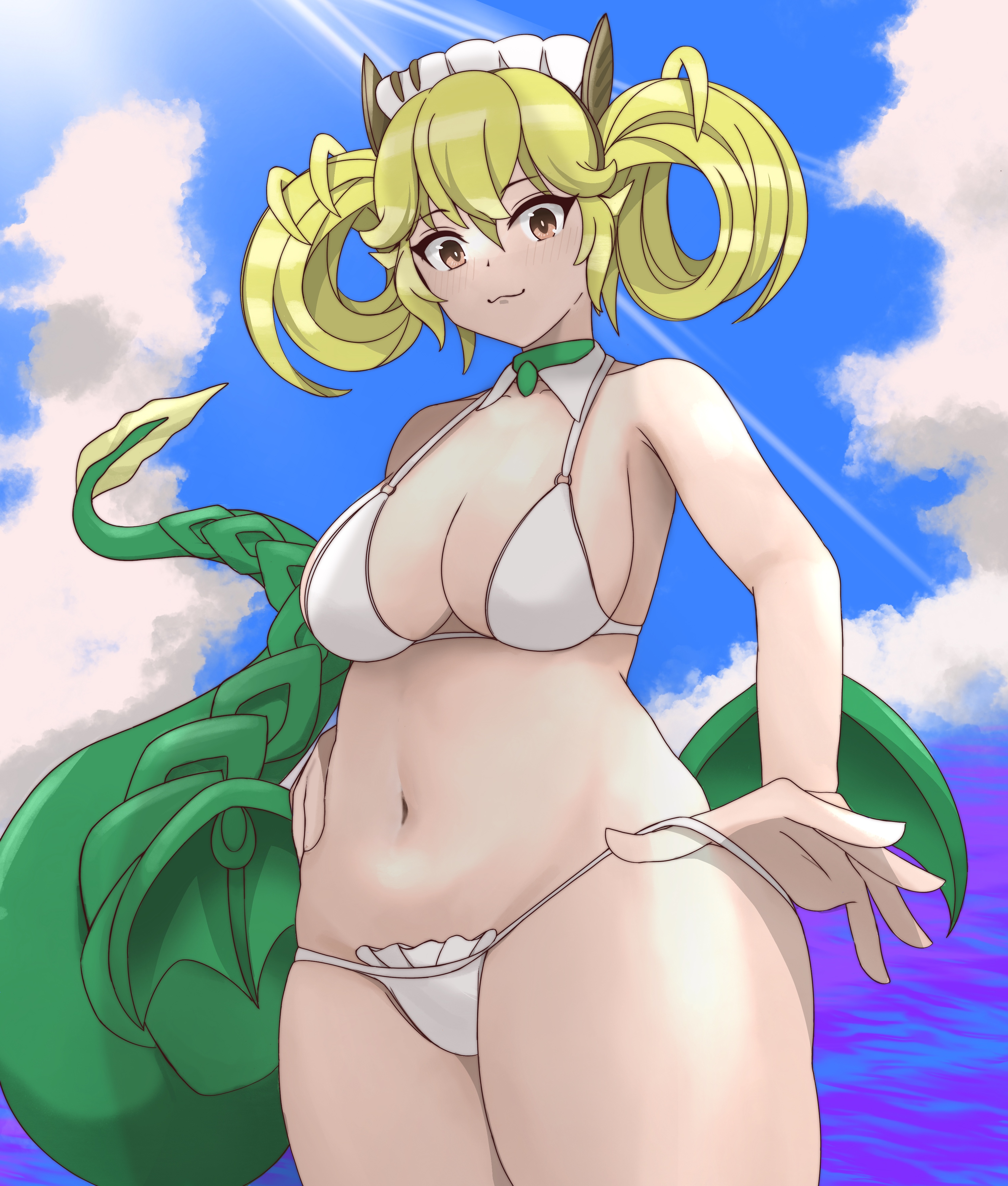 parlor dragonmaid, yu-gi-oh!, highres, 1girl, beach, bikini, bikini bottom pull, blonde hair, breasts, cleavage, hand on own hip, large breasts, legs, looking at viewer, navel, ocean, orange eyes, pulling own clothes, smile, solo, swimsuit, teasing, thick thighs, thighs, thong bikini, twintails, water, white bikini