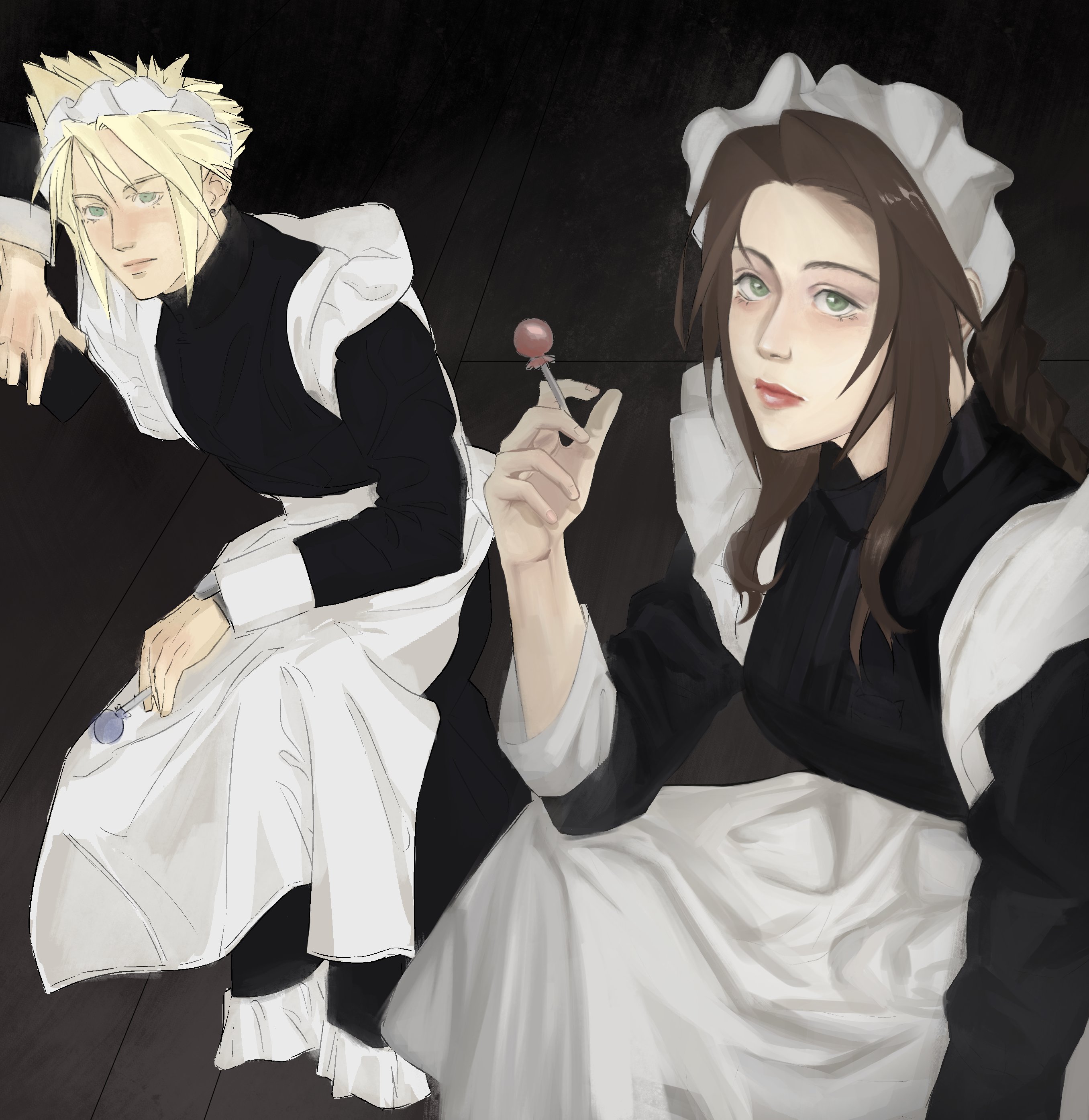 aerith gainsborough, cloud strife, final fantasy, final fantasy vii, absurdres, highres, unfinished, 1boy, 1girl, apron, baeriths, black background, black dress, blonde hair, blue eyes, braid, braided ponytail, breasts, brown hair, candy, closed mouth, crossdressing, crossdressing (mtf), dress, earrings, food, green eyes, holding, holding candy, holding food, holding lollipop, jewelry, lollipop, long dress, long hair, looking at viewer, maid, maid apron, maid headdress, medium breasts, parted bangs, short hair, sidelocks, single braid, single earring, spiked hair, white apron, wooden floor