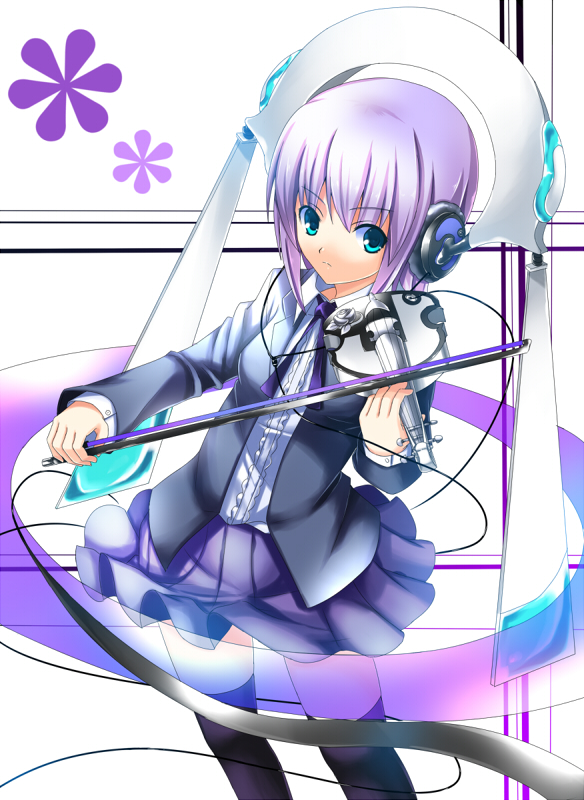 koi (koisan), original, bad id, bad pixiv id, blue eyes, headphones, instrument, purple hair, short hair, solo, thighhighs, violin