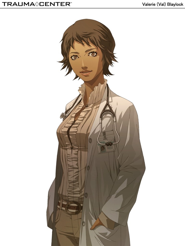 doi masayuki, valerie blaylock, chou shittou caduceus, official art, 1girl, belt, brown eyes, brown hair, dark-skinned female, dark skin, doctor, female focus, hands in pockets, lab coat, medical, short hair, simple background, smile, solo, stethoscope